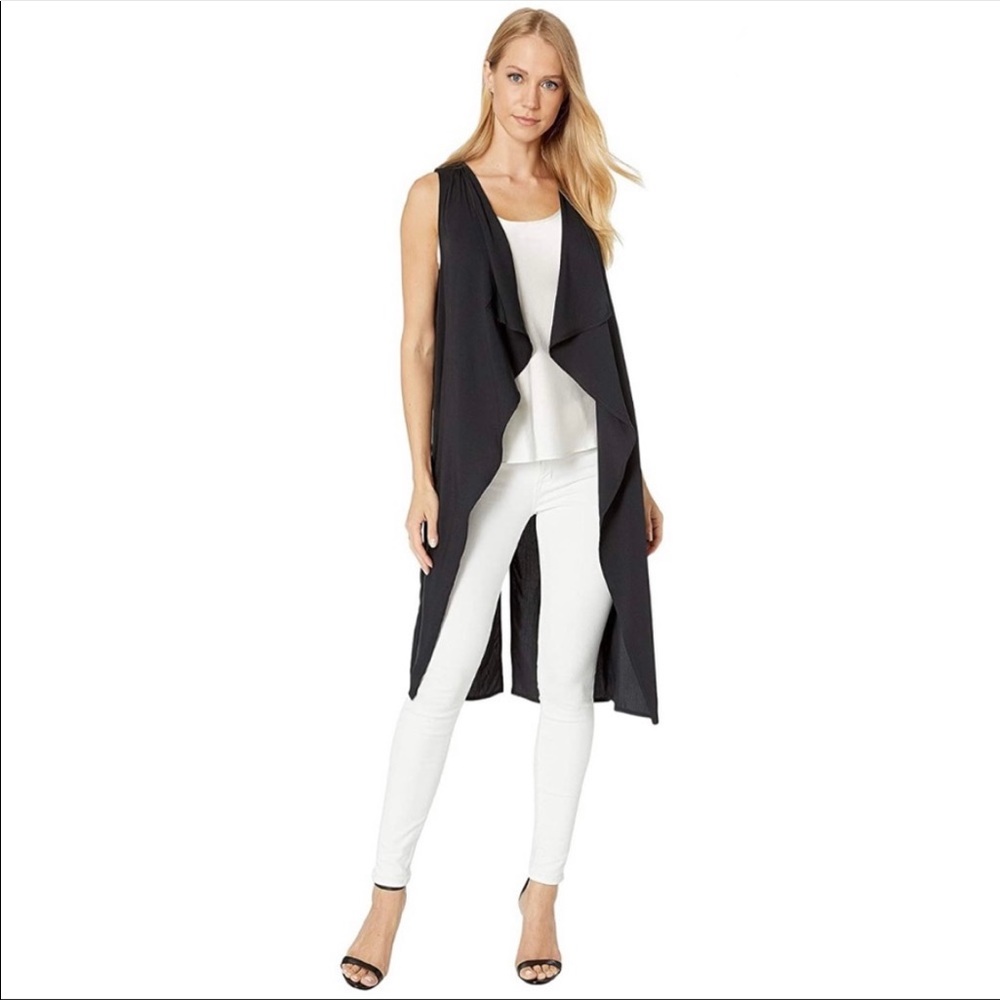 BCBGMaxAzria Sleeveless Drape Front Long Black Vest Trench XS NWOT